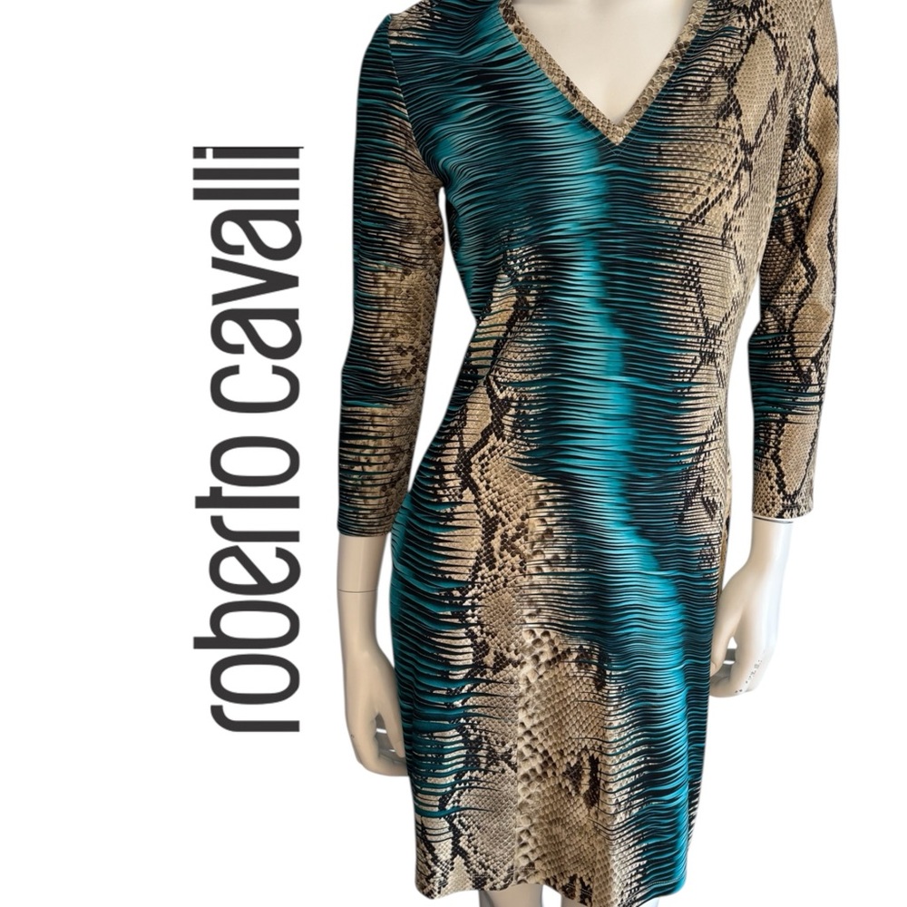 Roberto Cavalli Teal and Beige Snake-Print Long Sleeve Dress